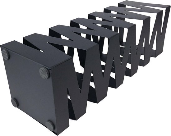 Liggende zwarte metalen paraplubak met zigzag patroon en vier antislipvoetjes aan de onderkant.