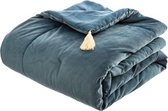 Velvet bed sprei petrol blauw met franje  180 cm x 80 cm - Kleed