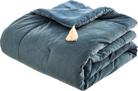 Velvet bed sprei petrol blauw franje 180 cm x 80 cm - Kleed bol.com
