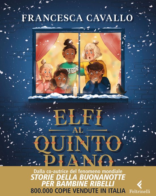 Boekomslag 'Elfi al quinto piano' met kinderen bij een raam met sneeuw.