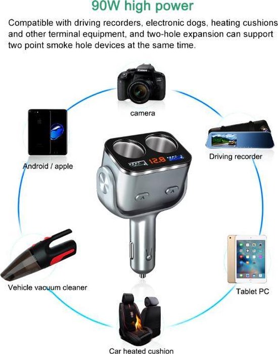 DrPhone CAR5 - 90W Autolader + 2x sigarettenplug - Snellader - 2x USB 3.0 oplaadpoort met LED - Zwart van DrPhone — afbeelding 5