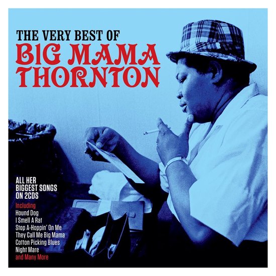 Albumcover "The Very Best of Big Mama Thornton" met foto van Big Mama Thornton in geruit petje, rookt en kijkt naar papier.