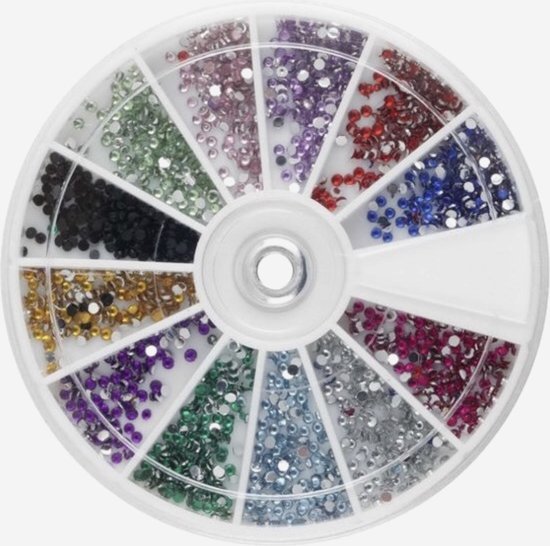 Nagel strass steentjes in 12 kleuren, gerangschikt in een ronde applicator.