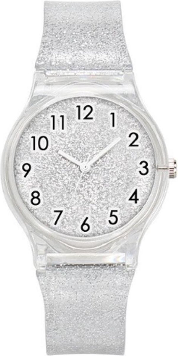 Glitter horloge - zilverkleurig - kinderen- tieners - 33 mm - I-deLuxe verpakking