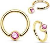 Wenkbrauwpiercing ring gold plated roze steentje