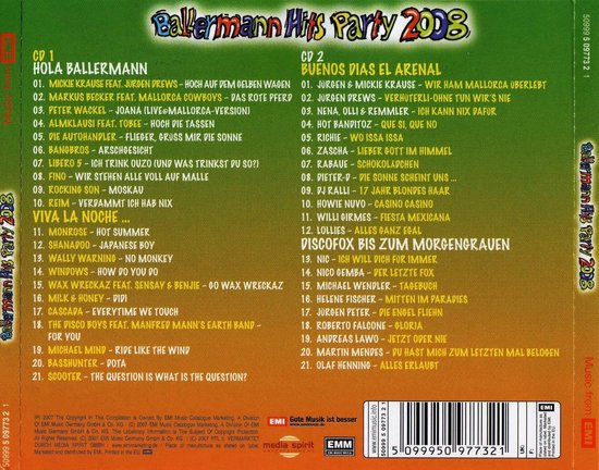 Ballermann Hits Party 2008 albumhoes met CD1 en CD2 titellijsten in groen en wit.