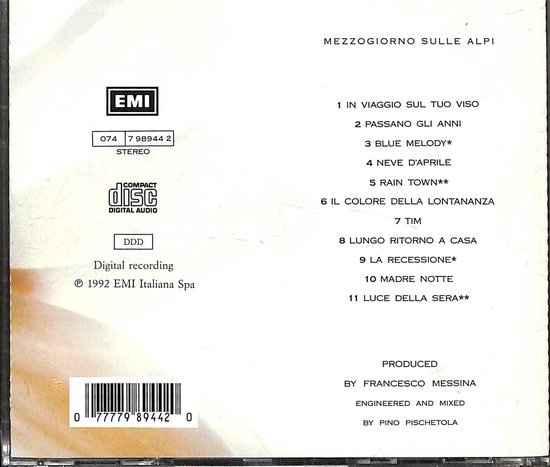 Achterkant cd-hoesje van Mezzogiorno Sulle Alpi met EMI logo, barcode en tracklist.