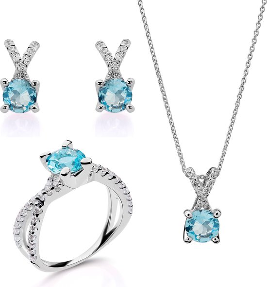 Orphelia SET-7478 / AQ / 56 - Ensemble de bijoux: Collier + Boucles d'oreilles + Bague - Argent 925 - Zirconium - Verre aigue-marine - Bague taille 56