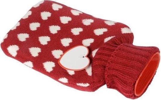 Rode kruik met hartjes hoes 0,75 liter - Warmwaterkruik met pluche hoes/kruikenzak - Valentijnsdag cadeau