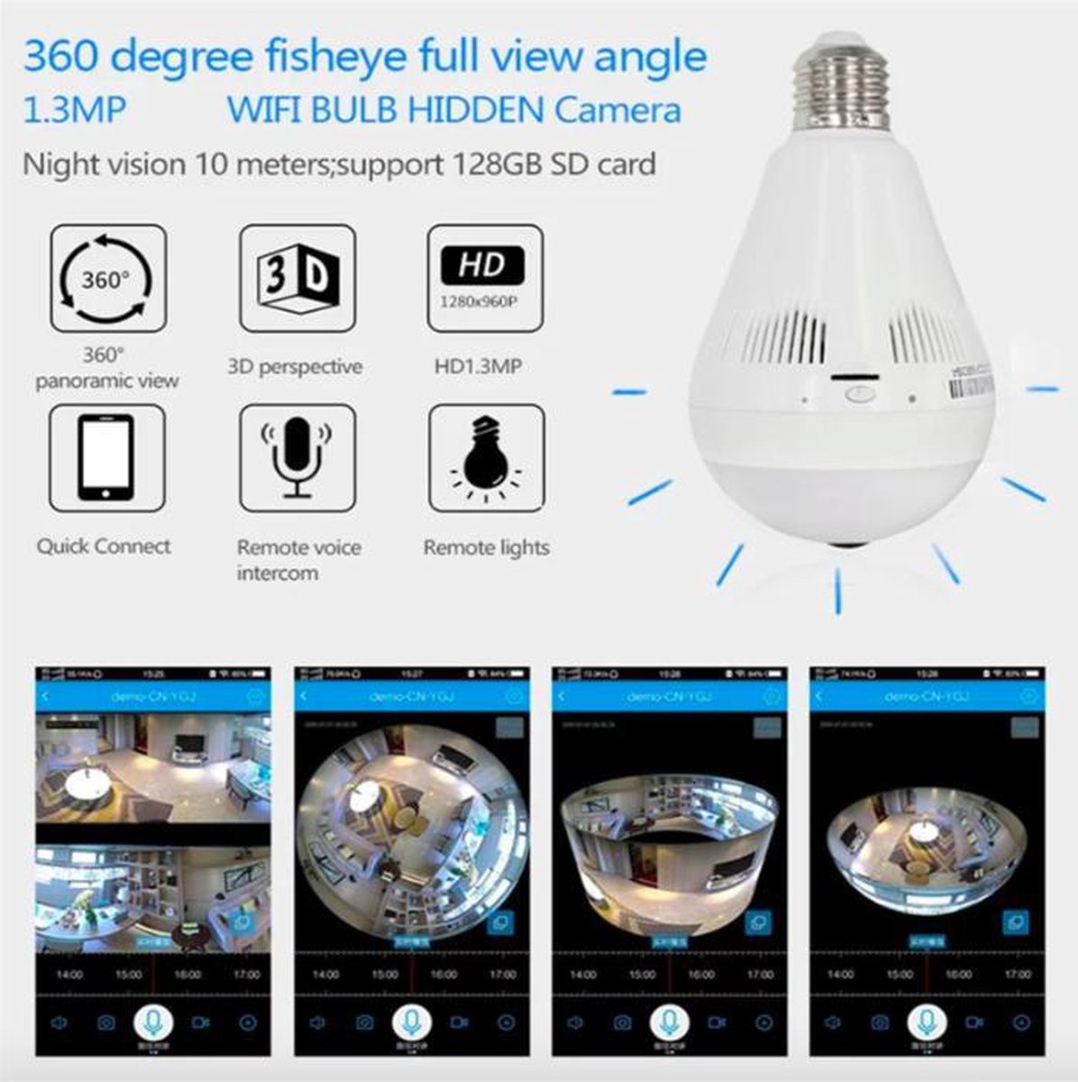 360º Fisheye Camera WiFi Camera in Lamp