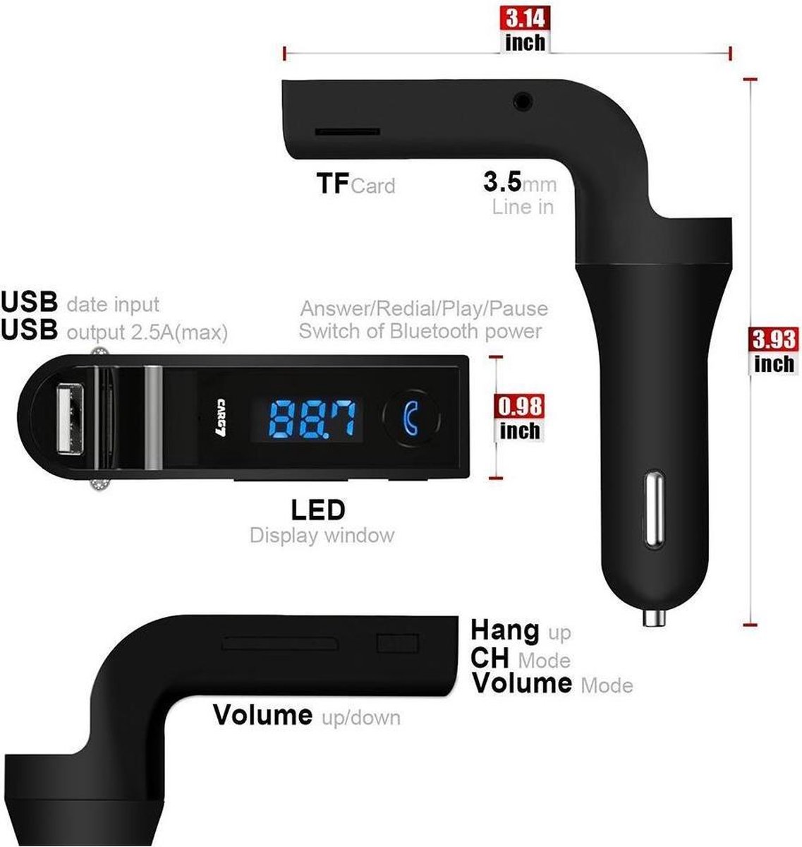 CARG7 Auto Bluetooth FMtransmitter 4 in 1, FMtransmitter handsfree