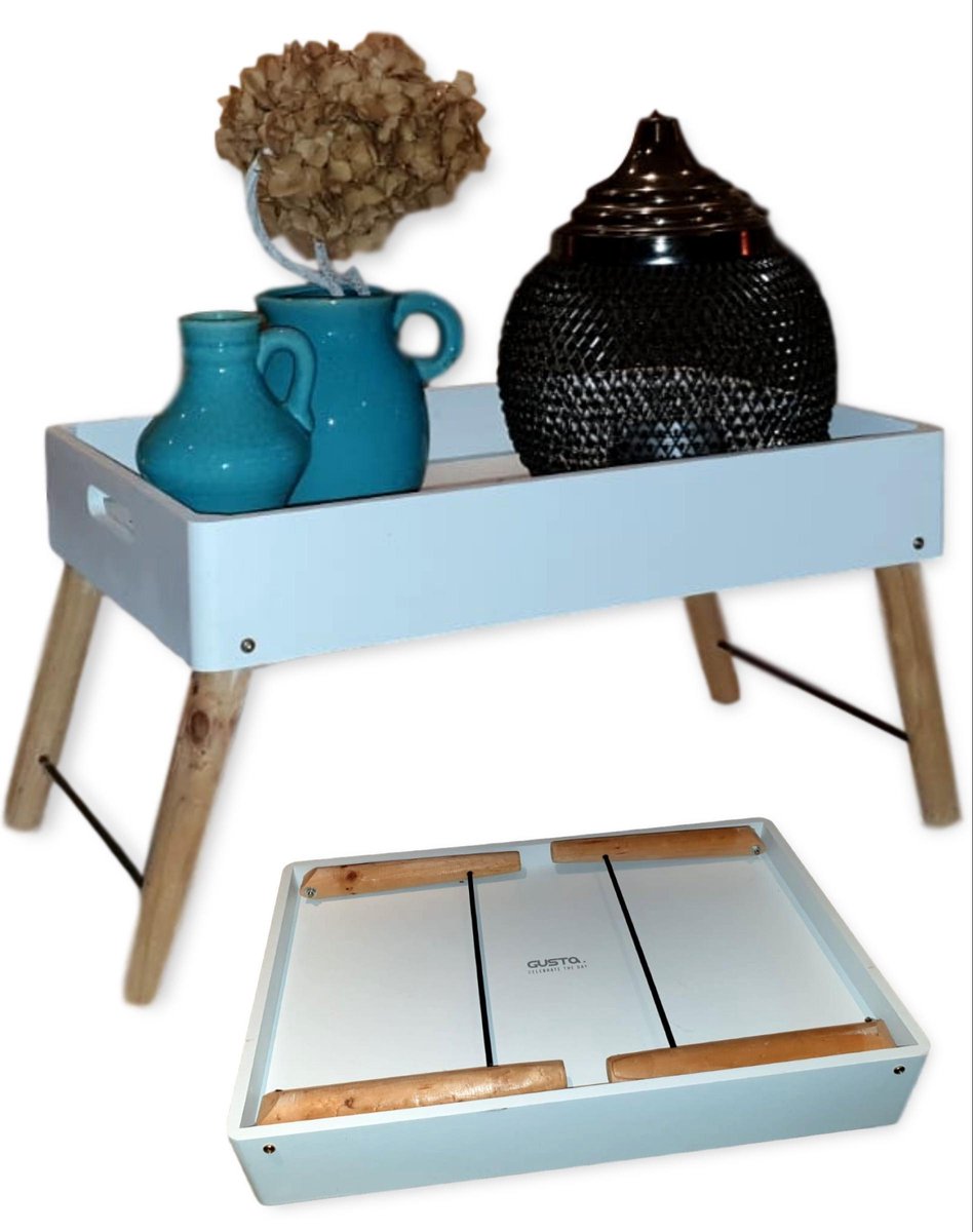 Origineel GUSTA – Bedtafel – Inklapbare - Dienblad – Klaptafel – Ontbijt op Bed – Houten Bedtafel – voor TV – Bedtafeltje – Banktafel - Design – Wit