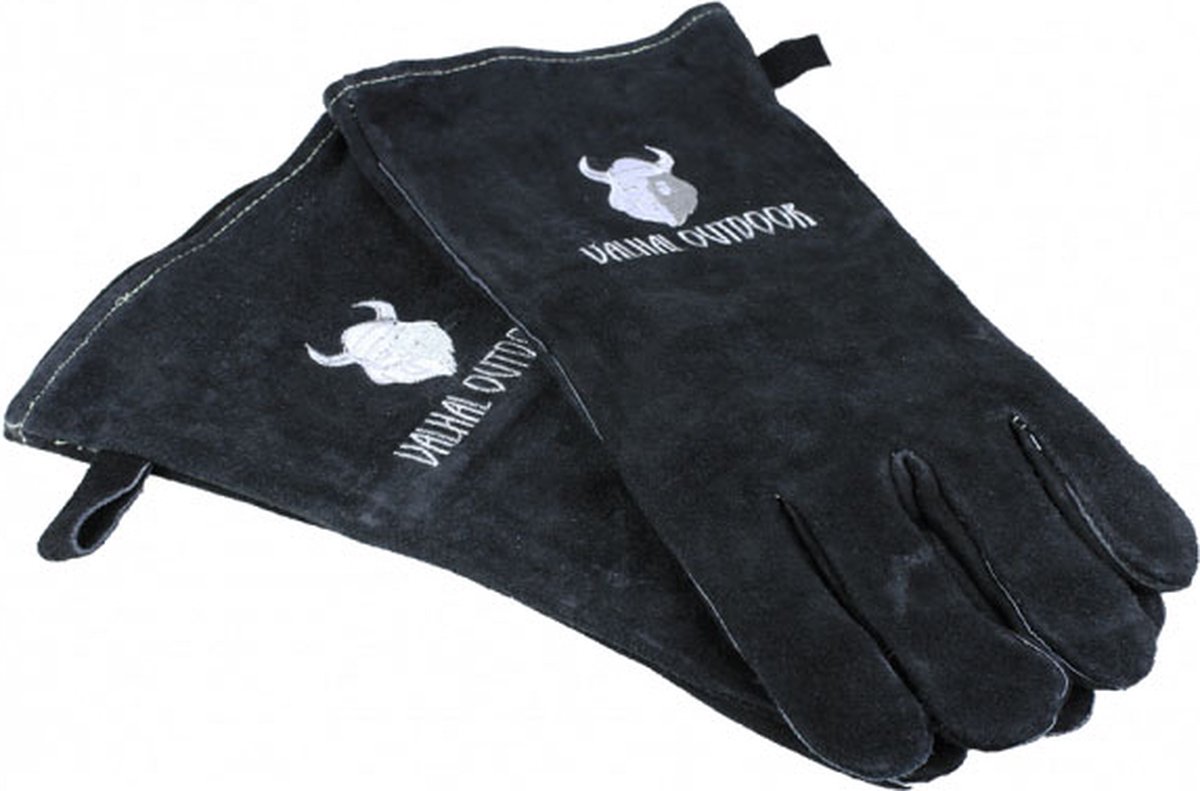 Valhal Outdoor BBQ handschoenen - suede leer, zwart - geborduurd logo - barbecue - VH.GLOVES - Valhal Outdoor