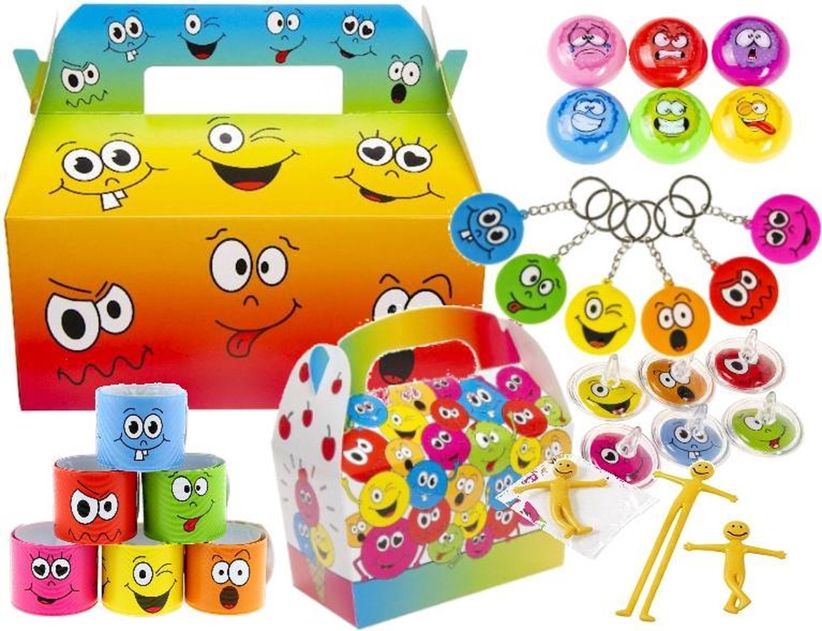 12x Exclusieve Lachgezicht Traktatie Party set: Menubox + Traktatiedoosje + 5x Uitdeelcadeautje : Tolletje, klaparmband, Sleutelhanger, window walker en stretchy poppetje - Totaal 84 items voor 12 kinderen! Leuk voor verjaardag of kinderfeestje