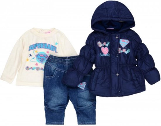 DC Universum - Superbaby Girl - tenue 3 pièces - Veste marine - Jean bleu - Pull blanc - 74 cm - 12 mois