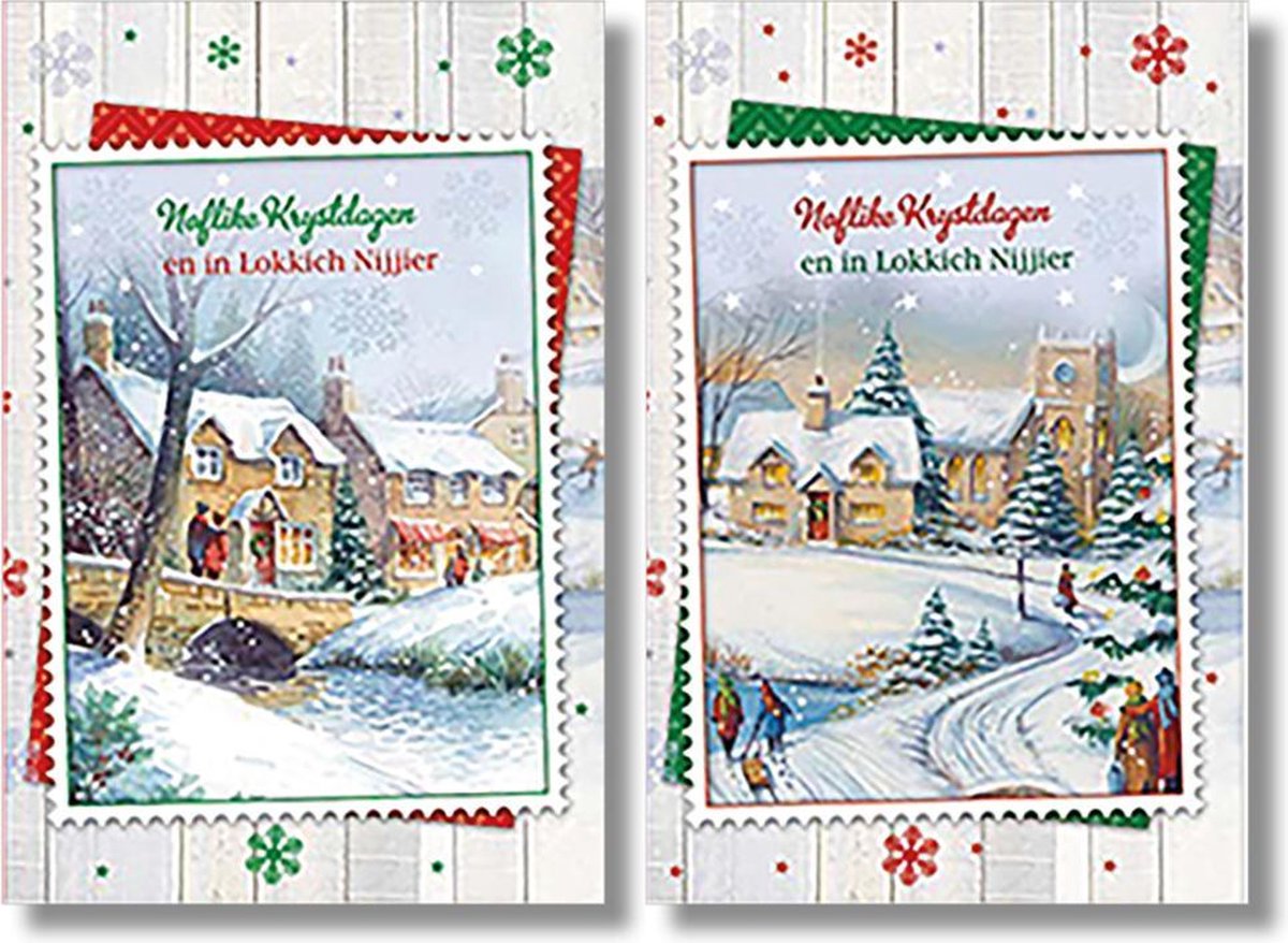 MGPcards - 2 doosjes à 10 Luxe dubbele wenskaarten - Friese tekst - Kerst/Nieuwjaar - Foliebewerking - Witte envelop - 10.5 x 16 cm - 2 Motieven per doosje