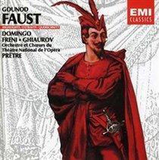 Hoes van de opera Faust van Gounod, met een illustratie van een man in rood met een gevederde hoed.
