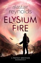 Boekomslag van Elysium Fire door Alastair Reynolds met een silhouet van een man in een roze, buitenaards landschap.