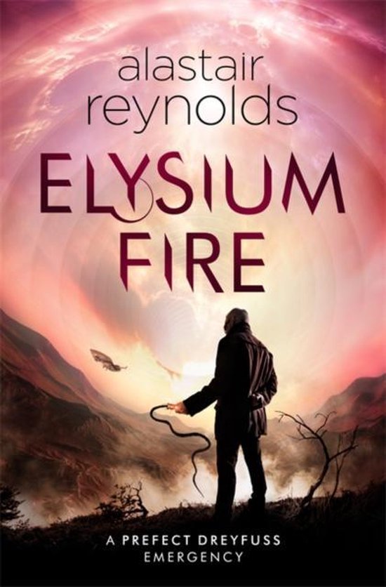 Boekomslag van Elysium Fire door Alastair Reynolds met een silhouet van een man in een roze, buitenaards landschap.