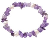 Zoetwater parel armband met edelsteen Pearl Amethyst Chip - echte parels - amethist - wit - paars - elastisch