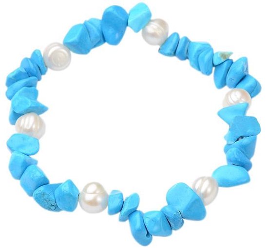 Zoetwater parel armband met edelsteen Pearl Turquoise Chip - echte parels - turkoois - wit - elastisch