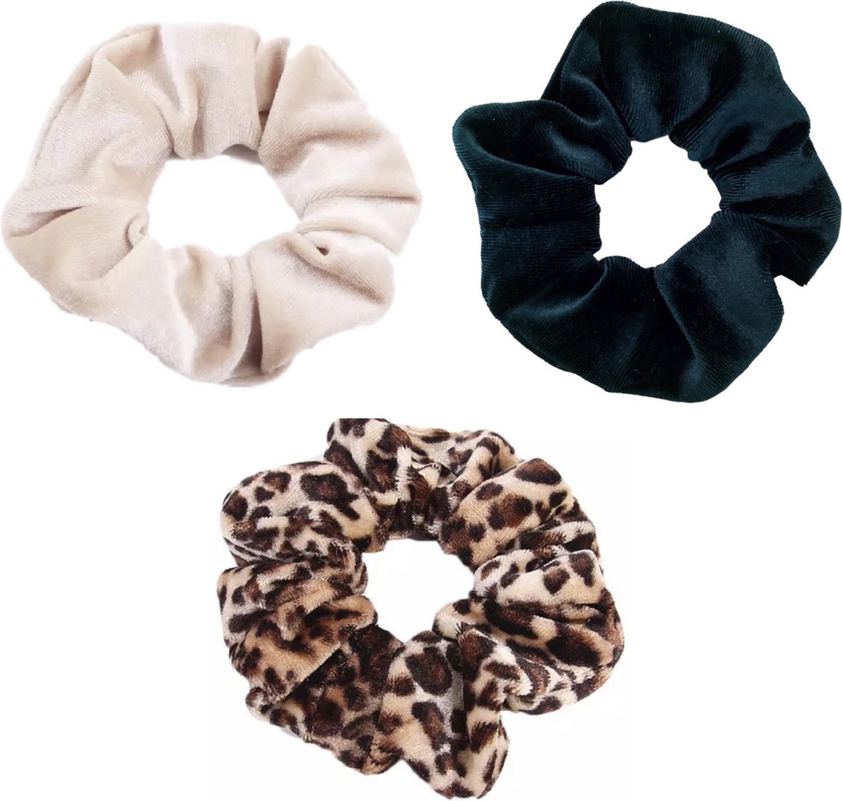 Scrunchie 3 stuks Velvet Extra Vol en Luxe - haarelastiek haarwokkel scrunchies - beige - donker turquoise - panterprint bruintinten - Kraagjeskopen.nl
