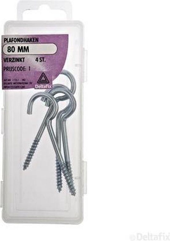 Verzinkte plafondhaken van 80 mm, 4 stuks, in een plastic verpakking. Het etiket vermeldt "Deltafix Plafondhaken 80 MM Verzinkt 4 ST."