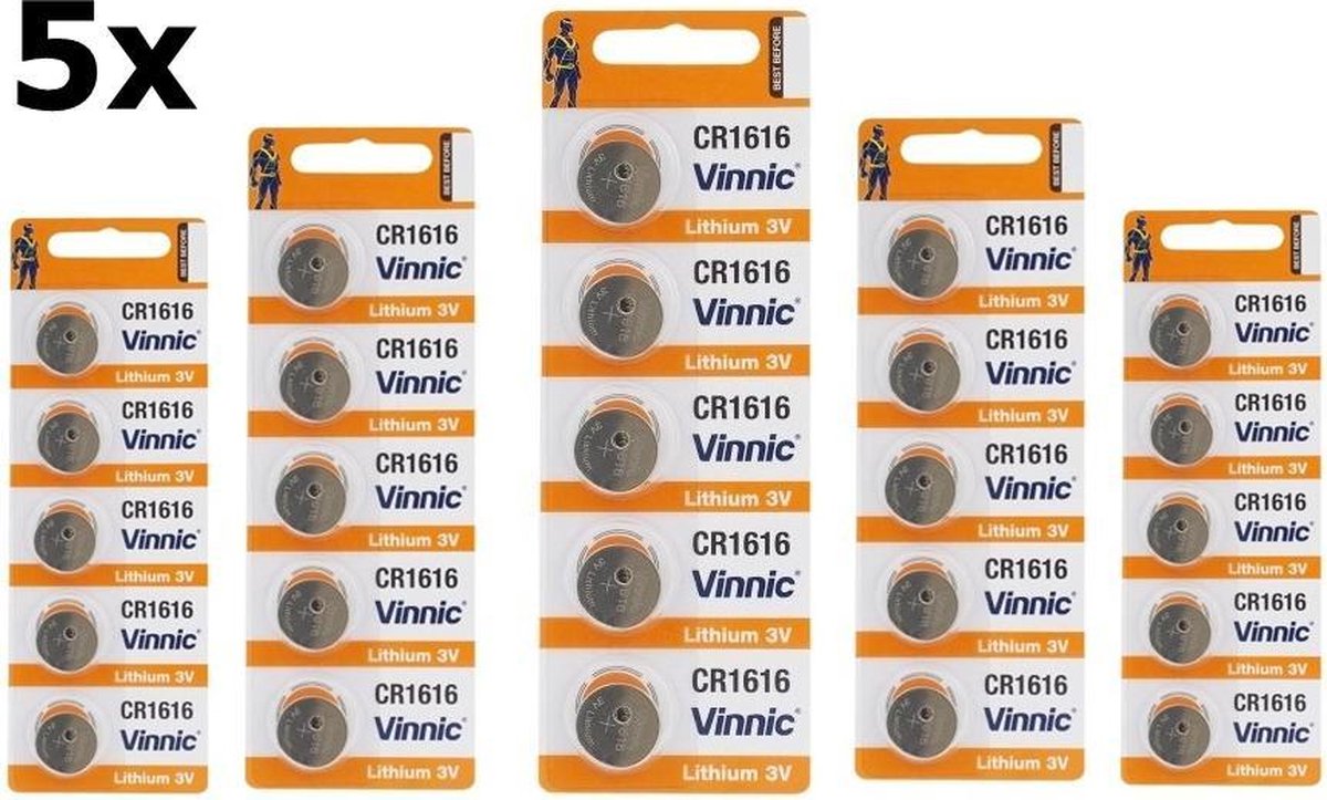 25 Stuks ( 5 Blister a 5st ) Vinnic CR1616 3v 50mAh lithium knoopcelbatterij