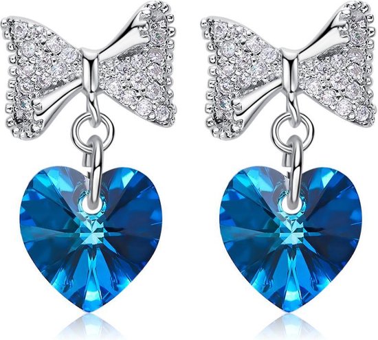 Blauw Swarovski® Kristal Hartjes Oorbellen Met een Strikje | bol.com