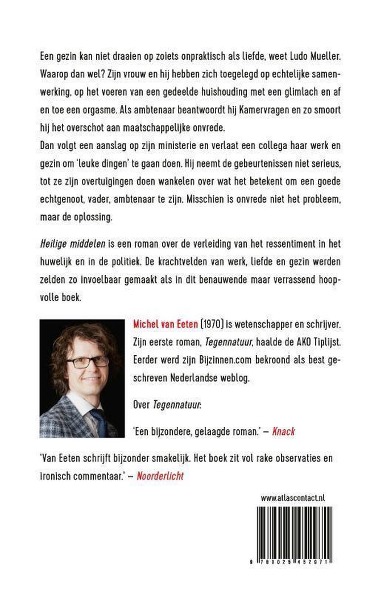 Achterkant boek met tekst en foto van schrijver Michel van Eeten.