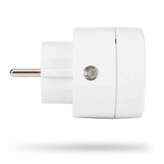 Wit draadloos stopcontact met een kleine indicatorlampje en een stekker, weergegeven met schaduw.