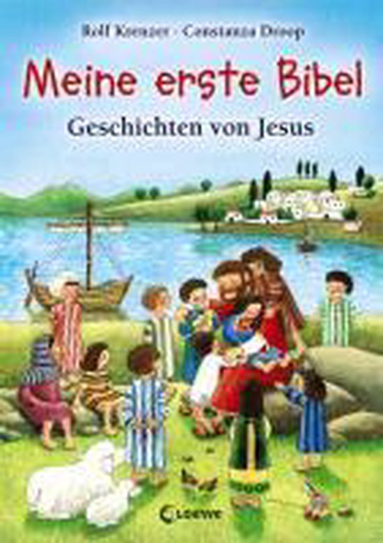 Boek 'Meine erste Bibel' met illustratie van Jezus die met kinderen praat aan het water, met schapen en een boot.