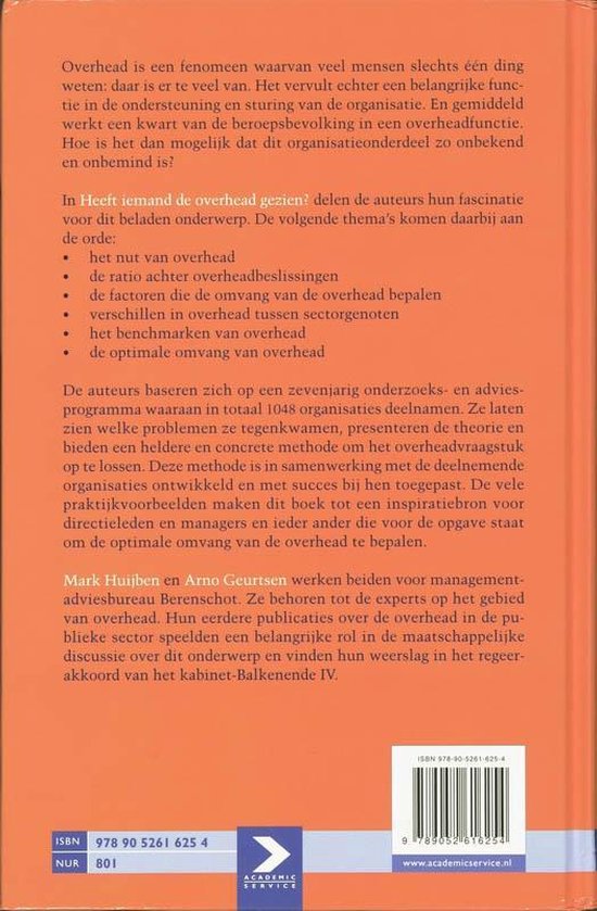 Achterkant van een boek met tekst over overhead, auteurs Mark Huijben & Arno Geurtsen en uitgever Academic Service.