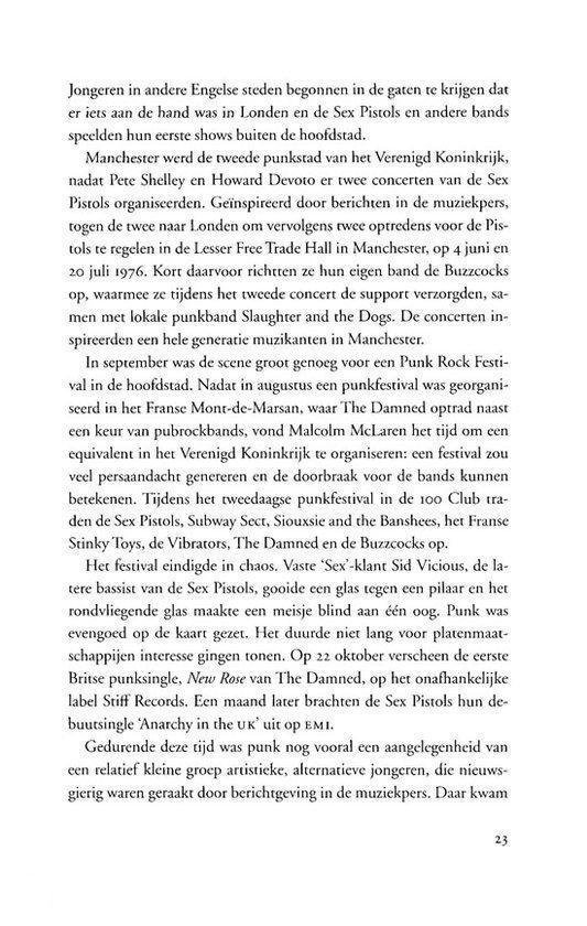 Pagina met tekst over de punkscene in Londen, de Sex Pistols, The Damned en Buzzcocks. Pagina 23.