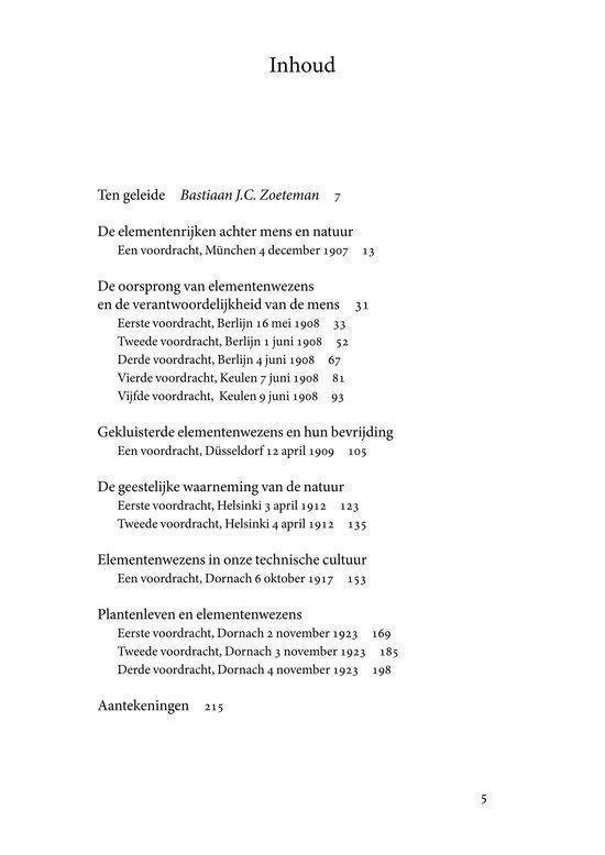 Inhoudsopgave van "Natuurwezens" met hoofdstukken en paginanummers. Geschreven in het Nederlands.