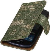 Lace Bookstyle Wallet Case Hoesjes Geschikt voor Samsung Galaxy S3 mini i8190 Donker Groen