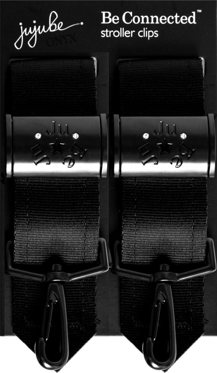 JuJuBe Be Connected Kinderwagenclips - Onyx - Set van 2 - Zwarte Band met Zwarte Metalen Hardware - Universeel Verstelbaar voor Elke Kinderwagen - Bevestig je Luiertas aan de Kinderwagen