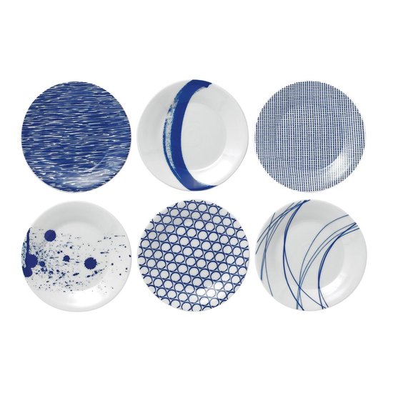Royal Doulton Pacific - Gebaksbordjes Set - Porselein - Wit / Blauw - ⌀ 16 cm - 6 Stuks