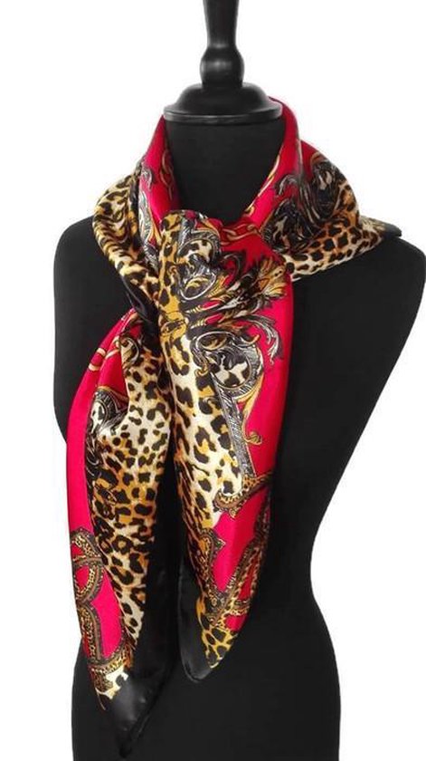 Dames sjaal rood met luipaard print zijdezacht satijn - 90 x 90 cm | bol