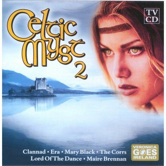 De voorkant van de "Celtic Myst 2" CD, met een vrouw met een hoofdband en een kasteel aan het water.