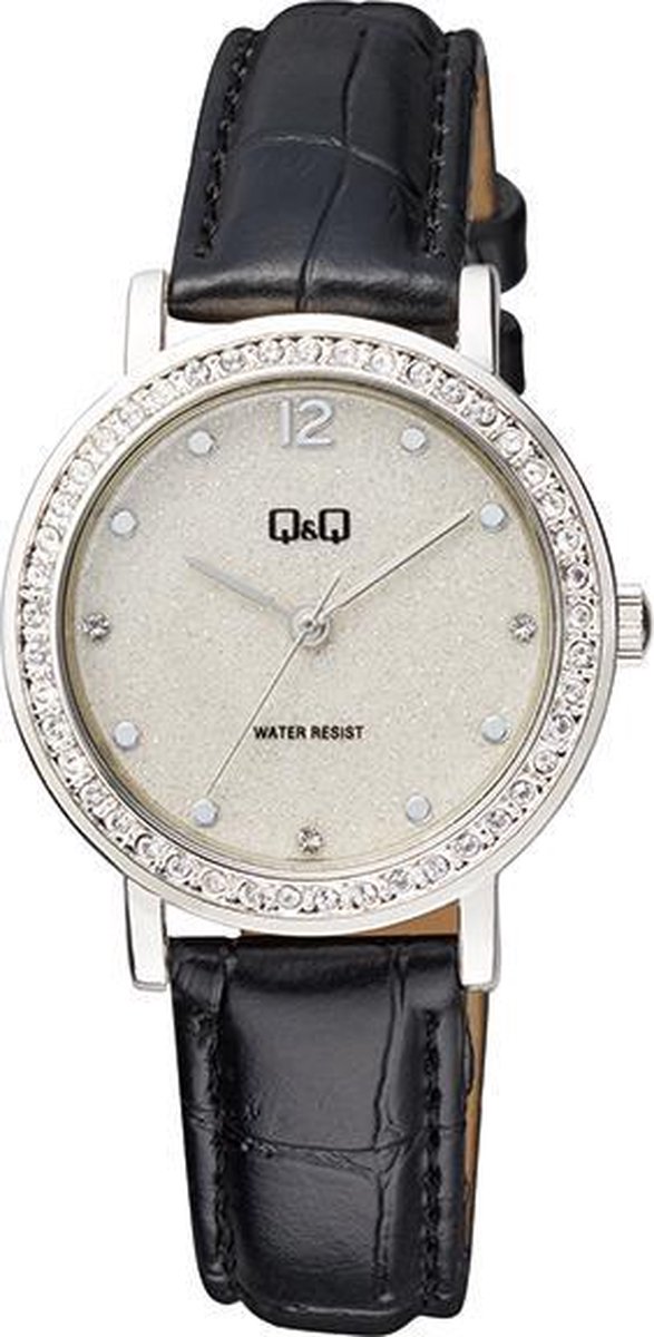Prachtig QQ dames horloge met zwart lederen band QB45J301