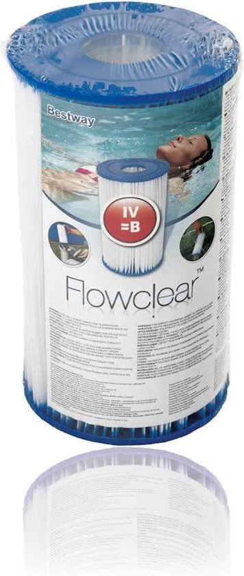 Bestway Flowclear filterpatroon Type IV in verpakking met zwemmende vrouw en gebruikssymbolen.