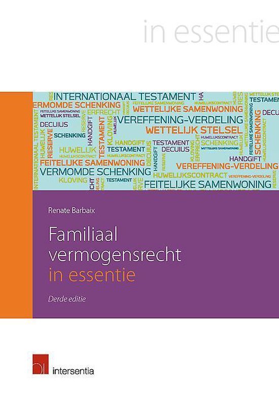 Boekcover met tekst 'Familiaal vermogensrecht in essentie' en juridische termen zoals 'internationaal testament'.