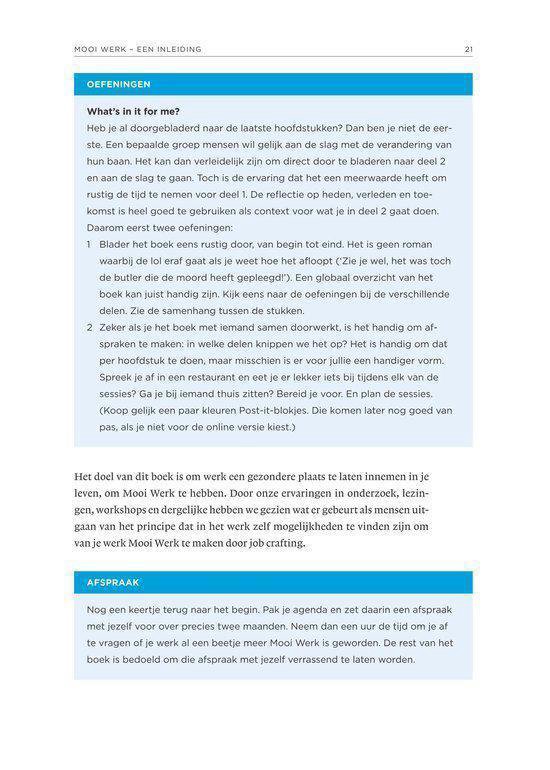Pagina 21 van het boek 'Mooi Werk' met tekst over oefeningen en afspraken.