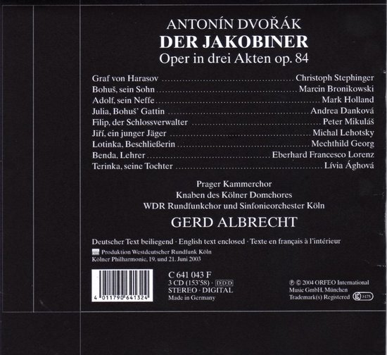 Achterkant van een albumhoes met tracklist en informatie over "Dvořák: Der Jakobiner".