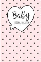 Roze babyvoedingslogboek met hartvormige tekstballon met de tekst 'Baby FEEDING LOGBOOK' en donkergrijze stippen.
