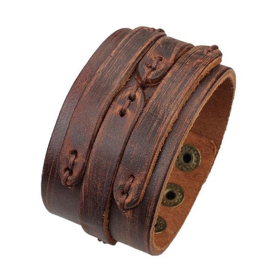 Brede Lederen Armband – Stitched - Scratch Brown - Mannen Armband | bol.com