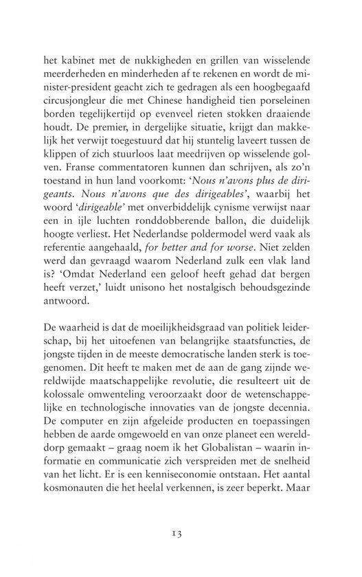 Pagina met tekst over de politieke druk, de Nederlandse politieke cultuur, de mogelijke gevolgen van 'dirigible', en de transformatie van de maatschappij. Pagina nummer 13.