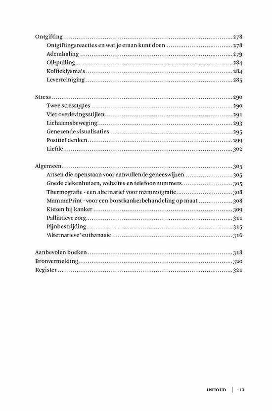 Inhoudsopgave van 'Handboek kanker', met secties zoals Ontgifting, Stress, en Aanbevolen boeken.