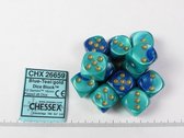 Chessex dobbelstenen set, 12 st. 6-zijdig, 16mm Gemini Blue-Teal w/gold